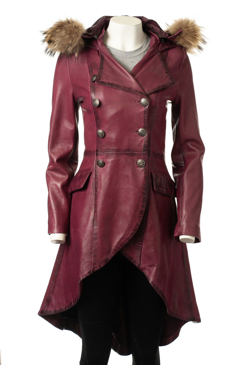 Ladies Pepsi Leather Dip Hem Double Breasted Edwardian Military Style 3/4 Coat With Detachable Hood: Alessia