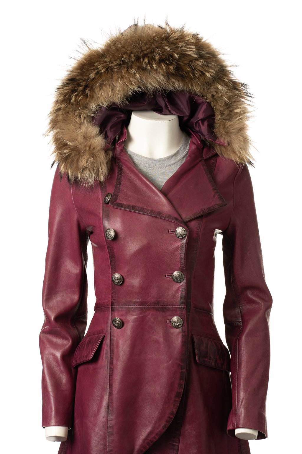 Ladies Pepsi Leather Dip Hem Double Breasted Edwardian Military Style 3/4 Coat With Detachable Hood: Alessia