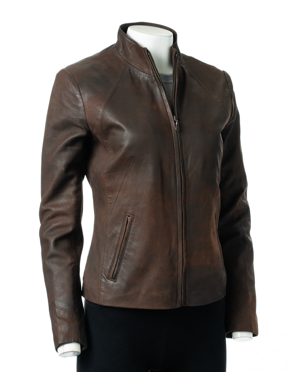Ladies Buff Brown Plain Short Zipped Leather Jacket: Angelina