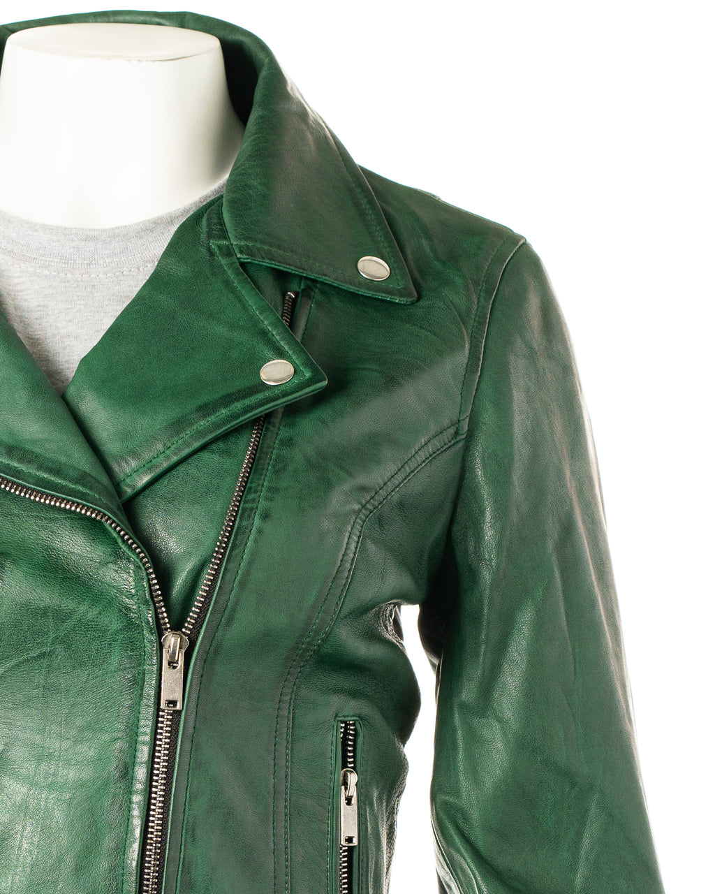 Women's Green Simple Asymmetric Leather Biker Jacket: Brigida