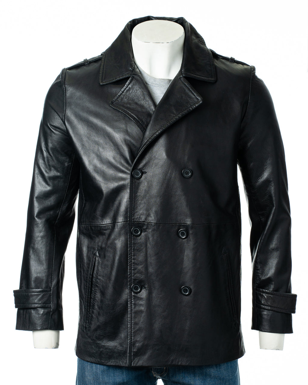 Men's Black Leather Peacoat: Guistino