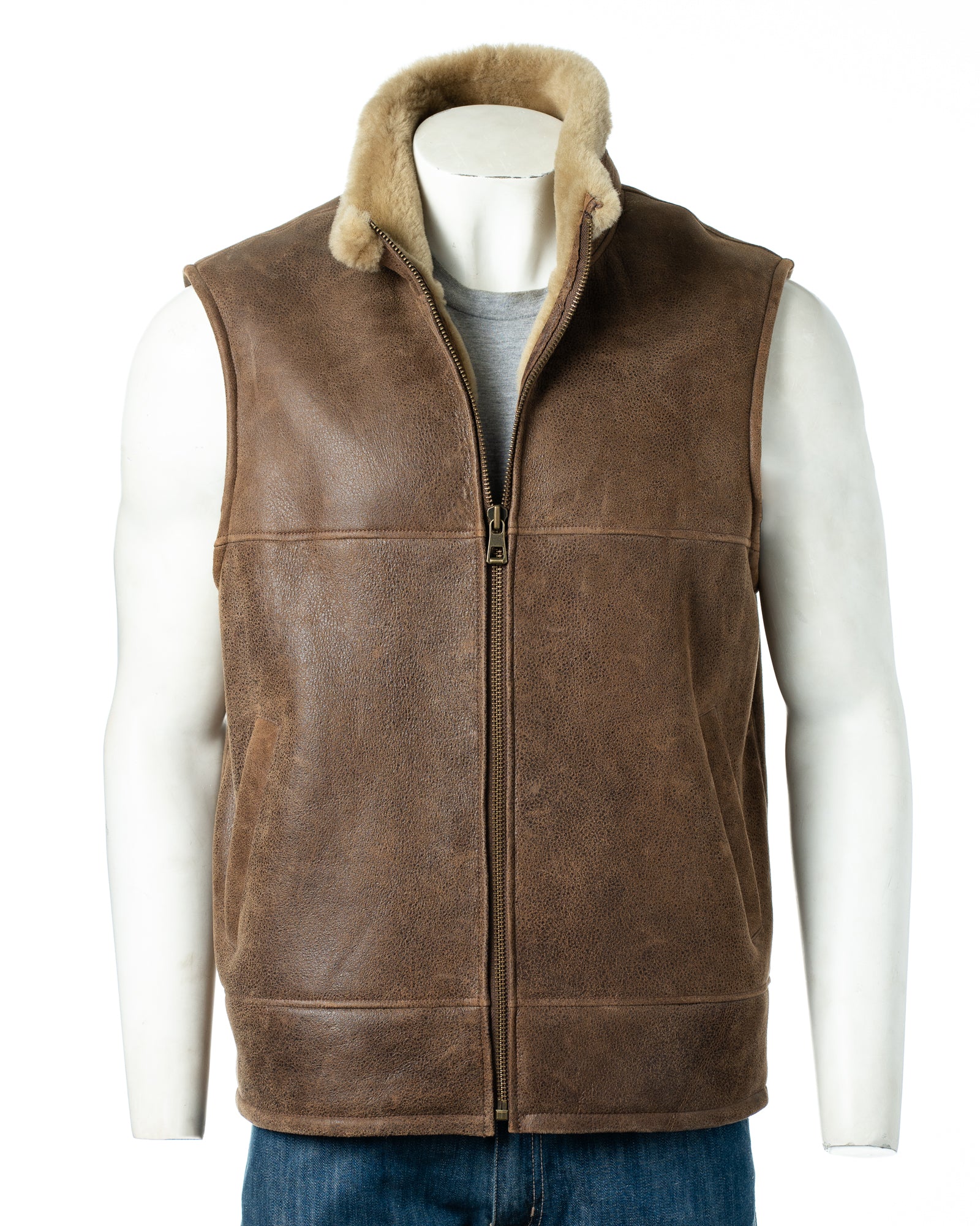 Men's Antique Tobacco Sheepskin Shearling Gilet: Toma