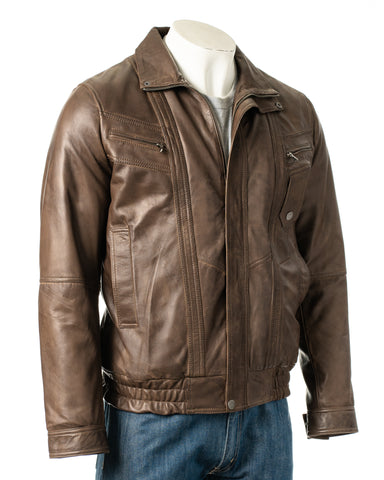 Men's Antique Brown Pocket Detail Blouson Style Leather Jacket: Tony