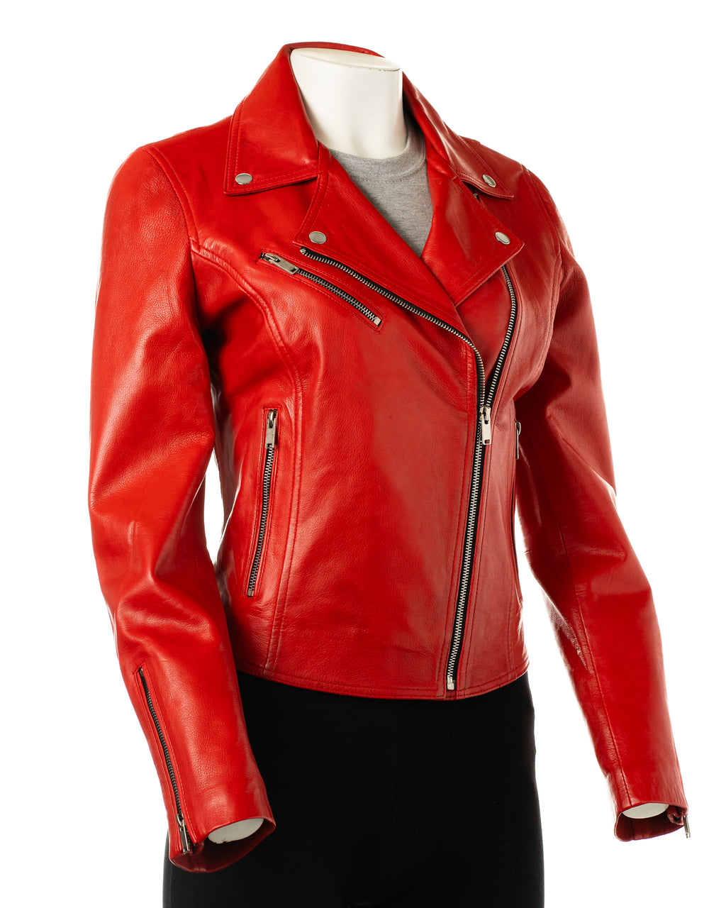 Women's Red Simple Asymmetric Leather Biker Jacket: Brigida