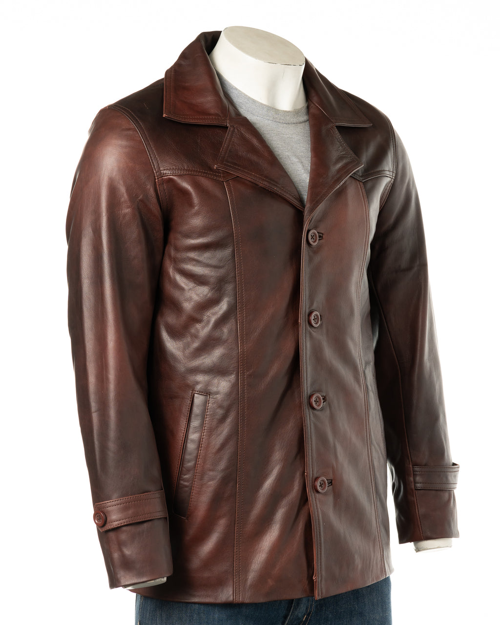 Men's Reddish Brown Cow Hide Reefer Style Jacket: Carlito