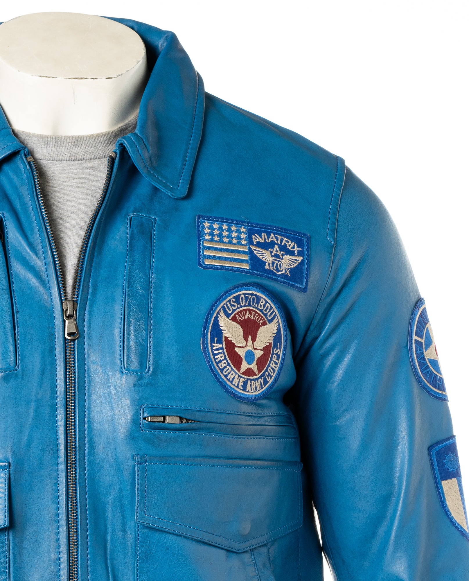 Men's Blue Aviator Pilot Flight A2 Style Leather Jacket With Badge
