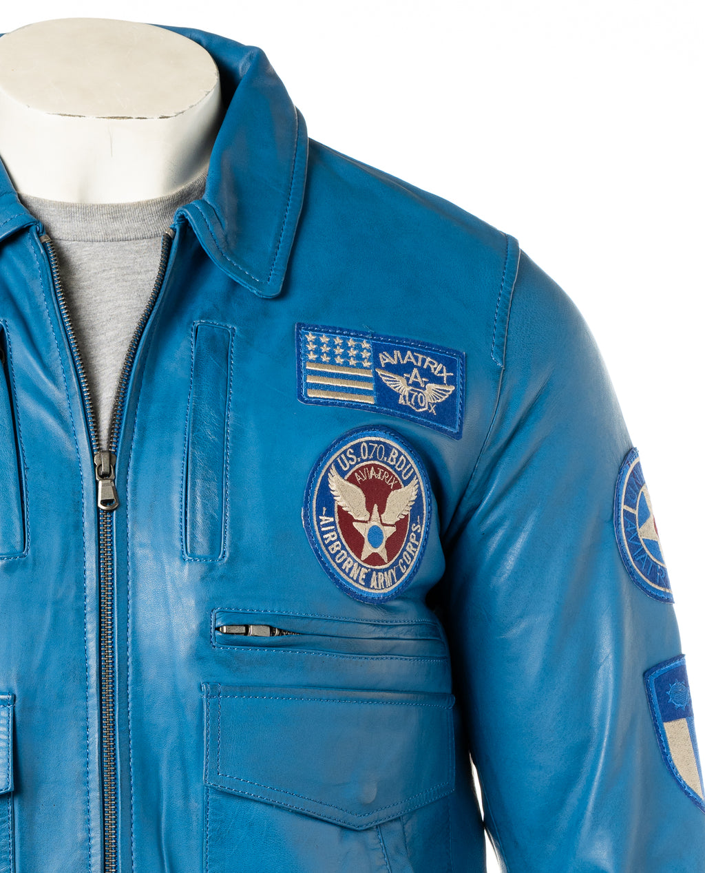 Men's Blue Aviator Pilot Flight A2 Style Leather Jacket With Badge Detail: Riccardo