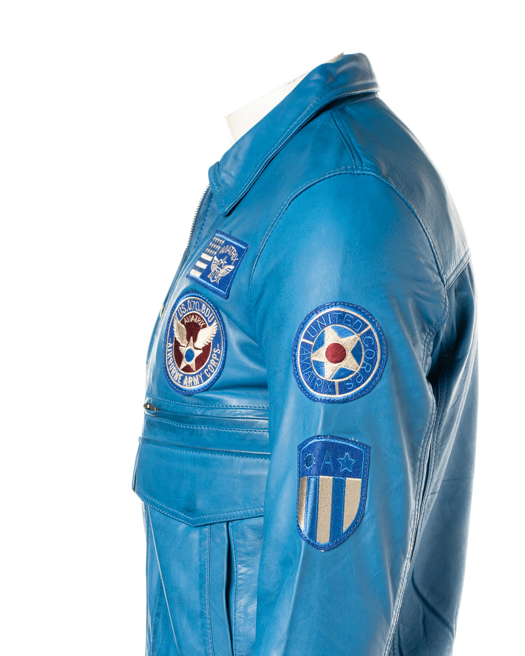 Men's Blue Aviator Pilot Flight A2 Style Leather Jacket With Badge Detail: Riccardo