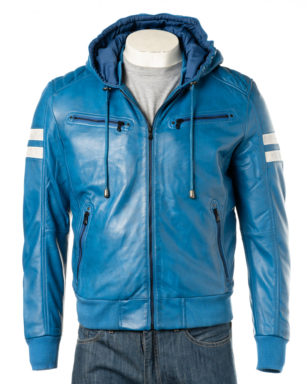 Men's Blue Hooded Contrast Panelled Racer Style Leather Jacket: Rolando
