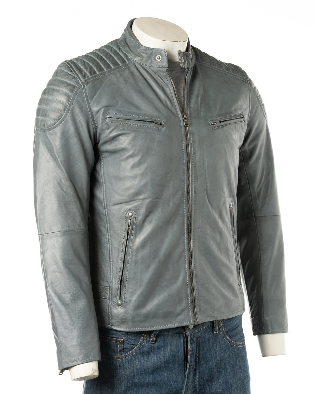 Men's Grey Racer Style Leather Jacket: Ennio