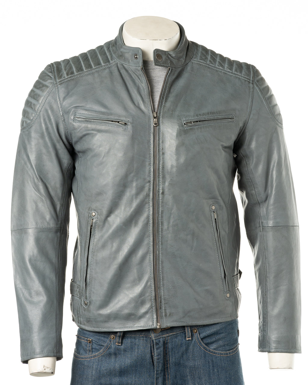 Men's Grey Racer Style Leather Jacket: Ennio