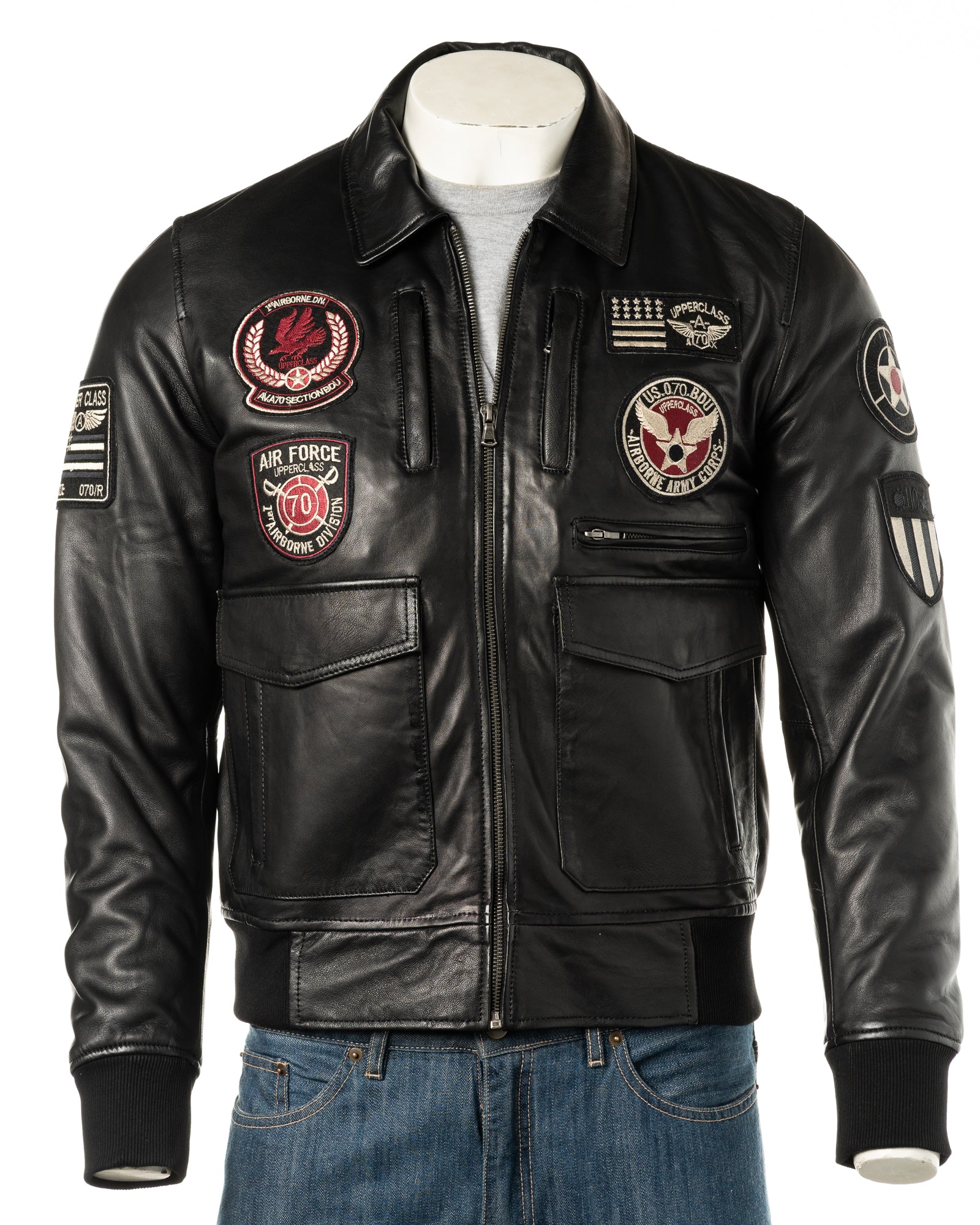 Men's Black Aviator Pilot Flight A2 Style Leather Jacket With Badge Detail: Riccardo BLACK XS