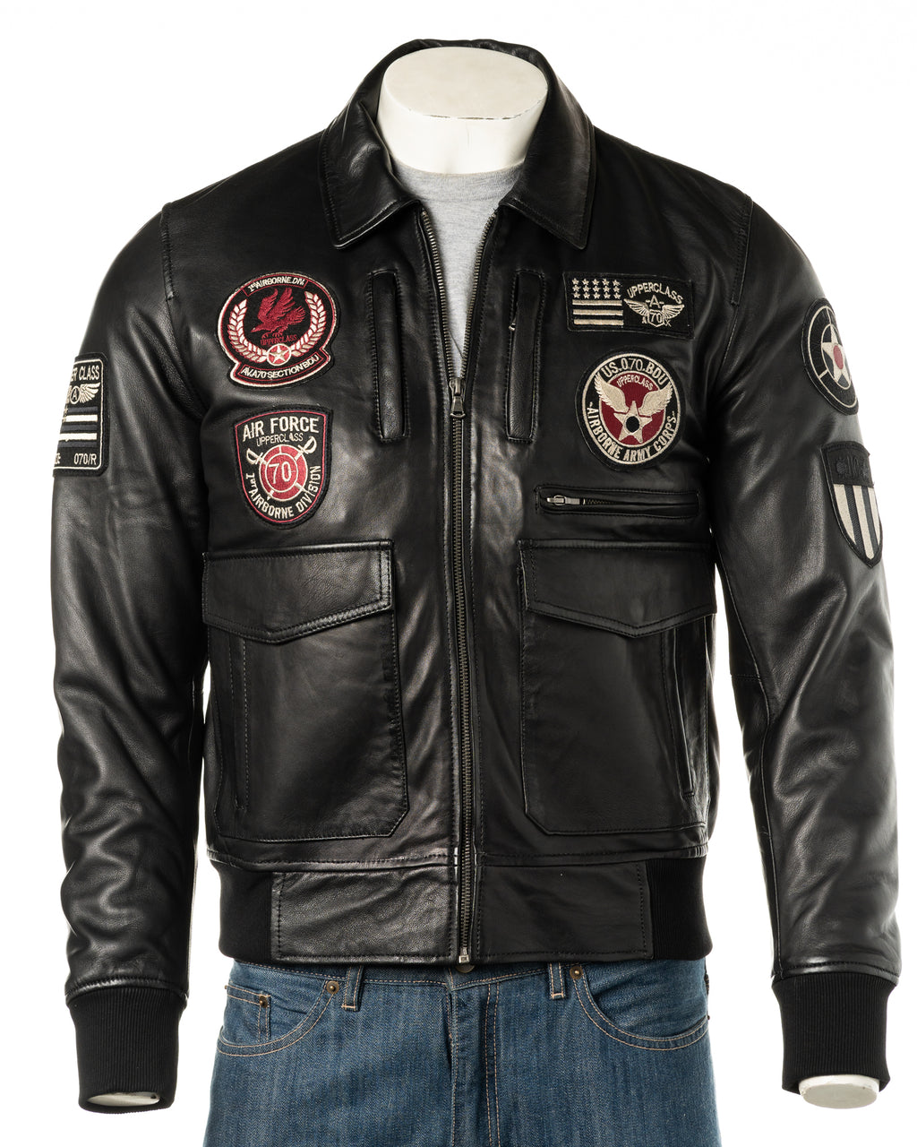 Men's Black Aviator Pilot Flight A2 Style Leather Jacket With Badge Detail: Riccardo