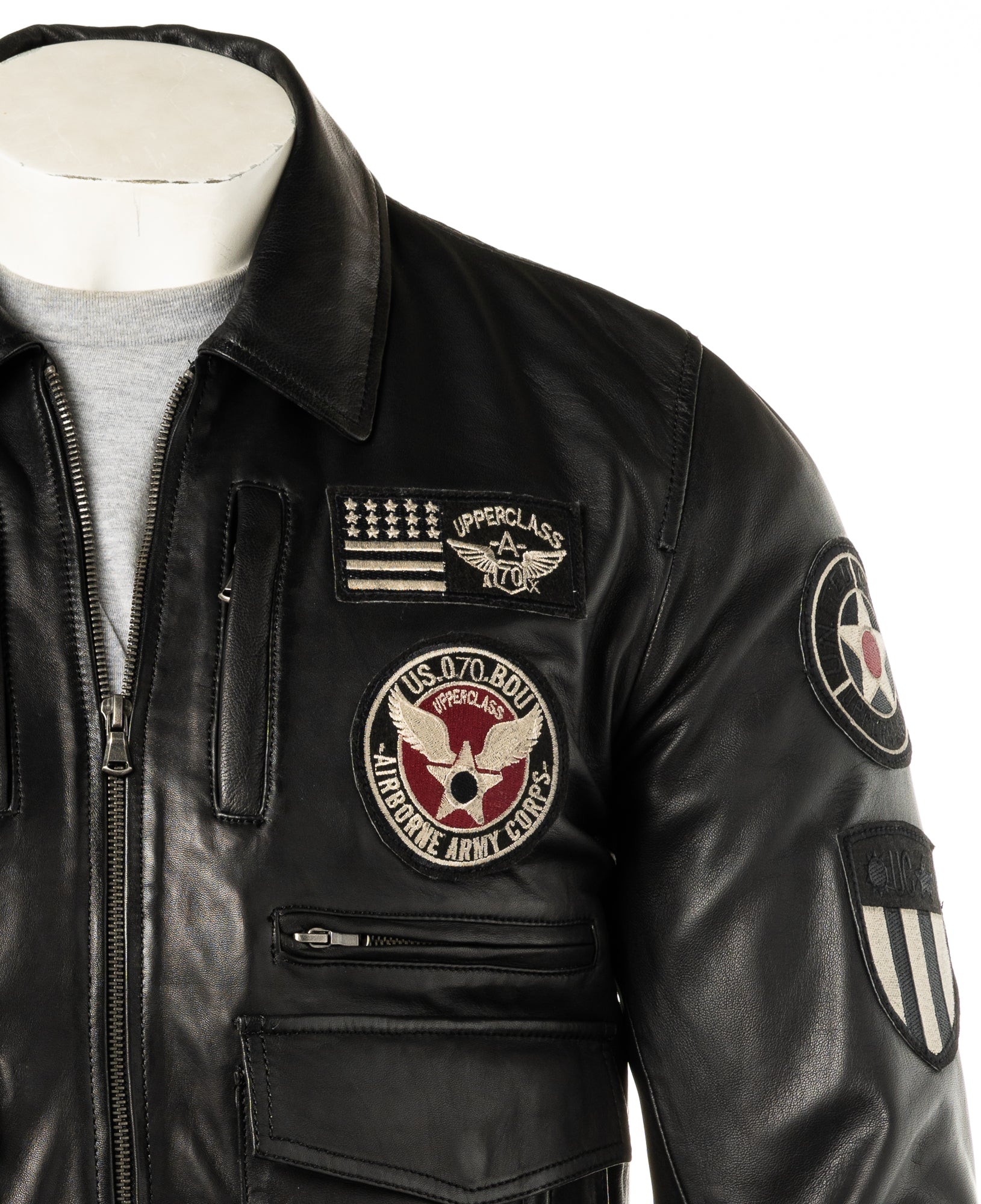 Men's Black Aviator Pilot Flight A2 Style Leather Jacket With Badge Detail: Riccardo BLACK XS