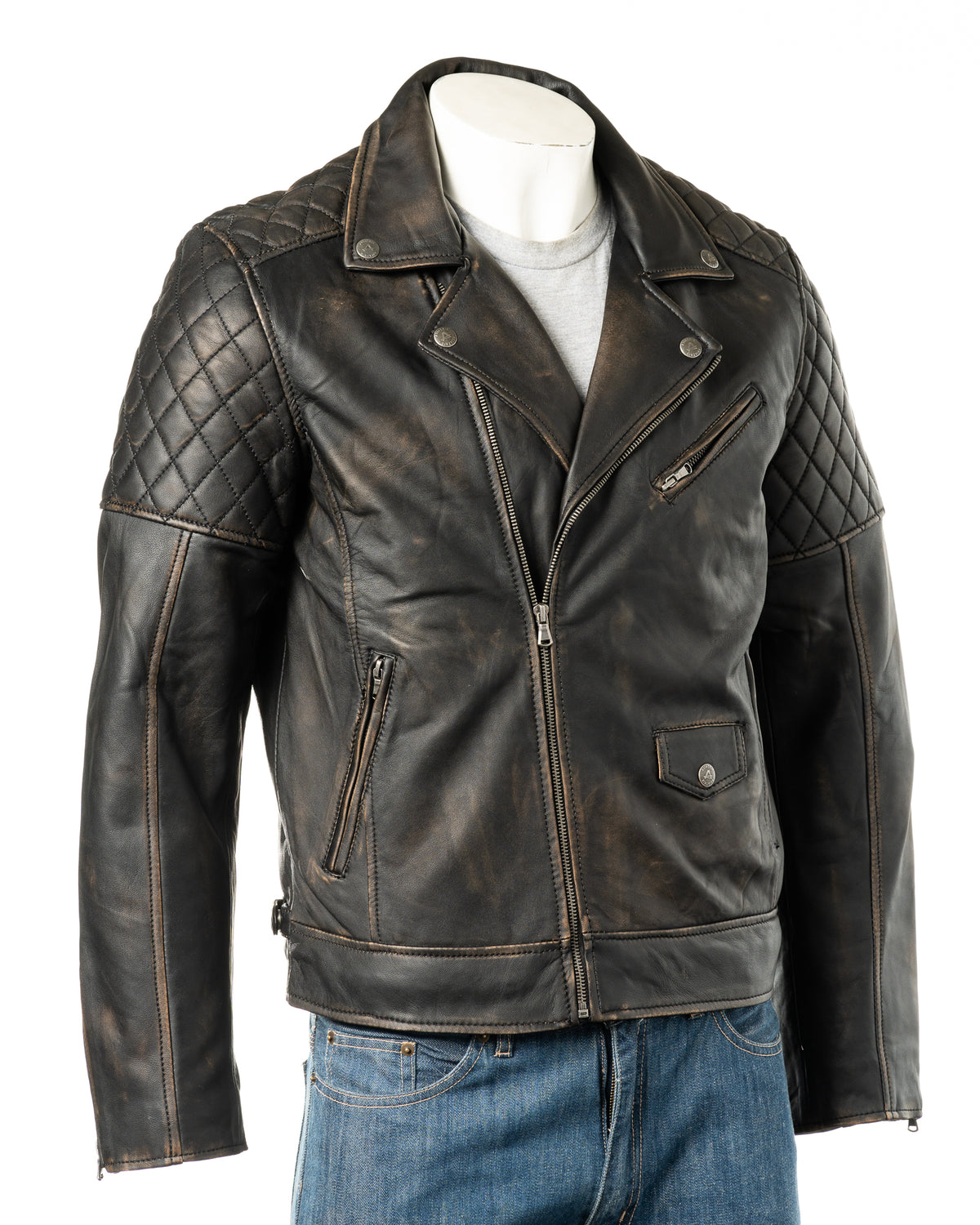 Men's Antique Black Vintage Look Biker Style Leather Jacket: Gaetano