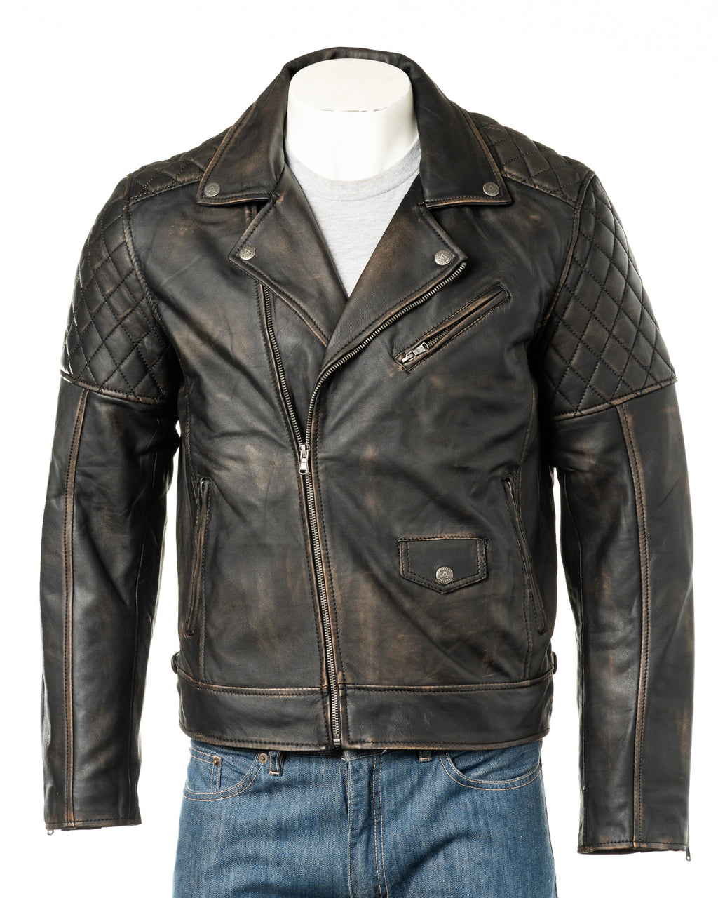 Men's Antique Black Vintage Look Biker Style Leather Jacket: Gaetano