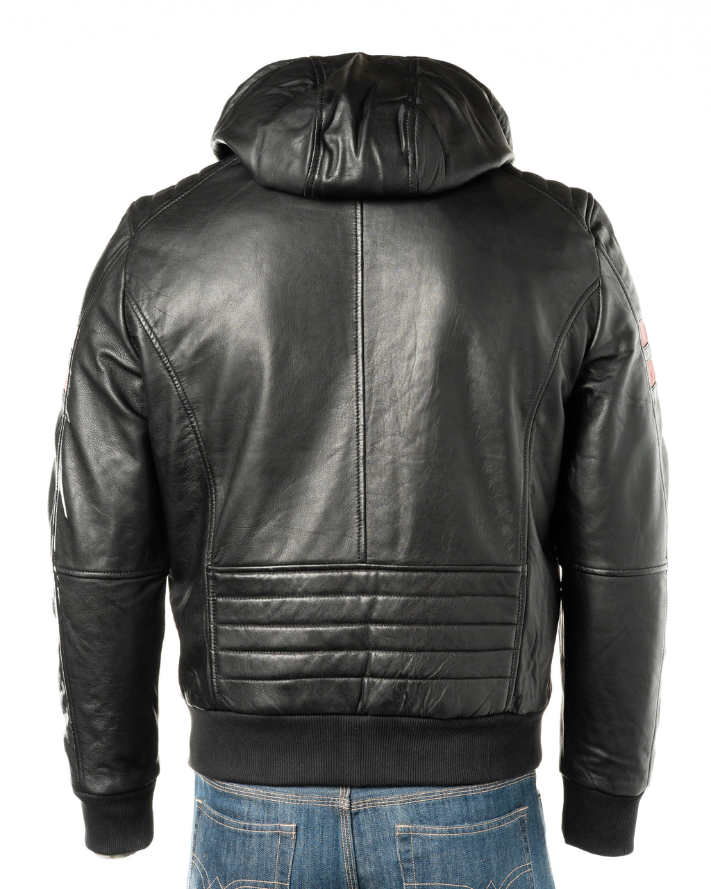 Men's Black Hooded Contrast Panelled Racer Style Leather Jacket: Rolando