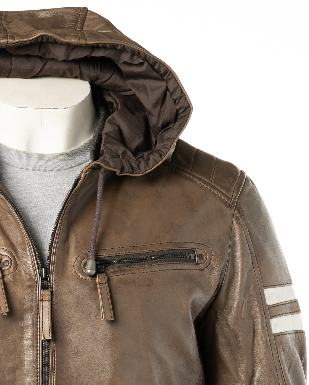 Men's Brown Hooded Contrast Panelled Racer Style Leather Jacket: Rolando