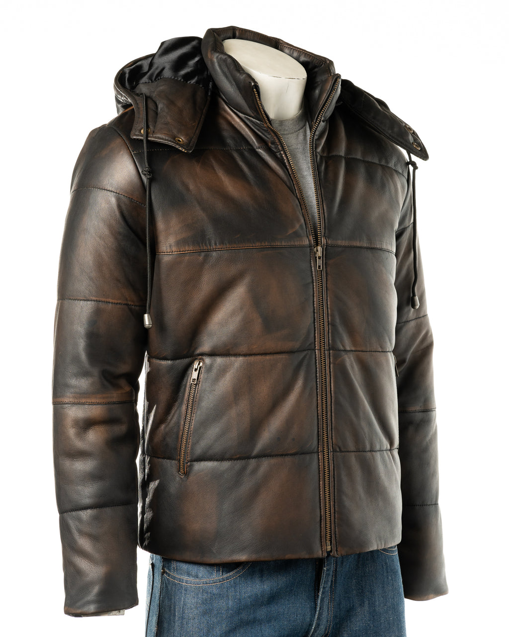 Men's Antique Black Leather Puffer Jacket With Detachable Hood: Dino
