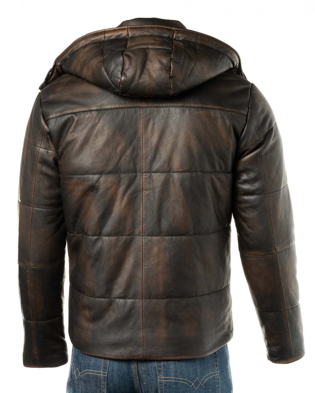 Men's Antique Black Leather Puffer Jacket With Detachable Hood: Dino