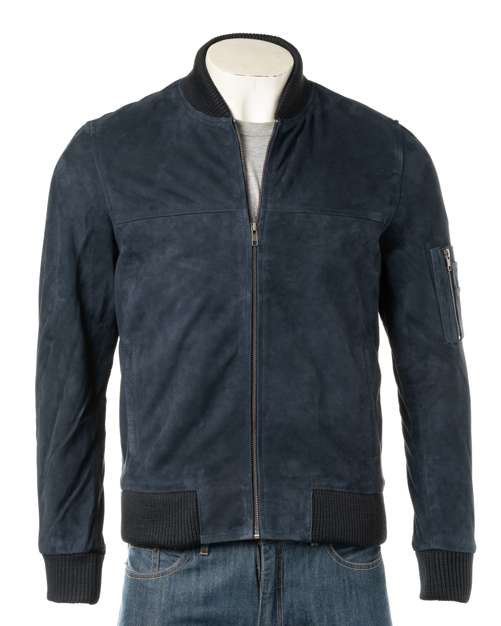 Men's Navy Rib-Knit Collar Suede Bomber: Tito