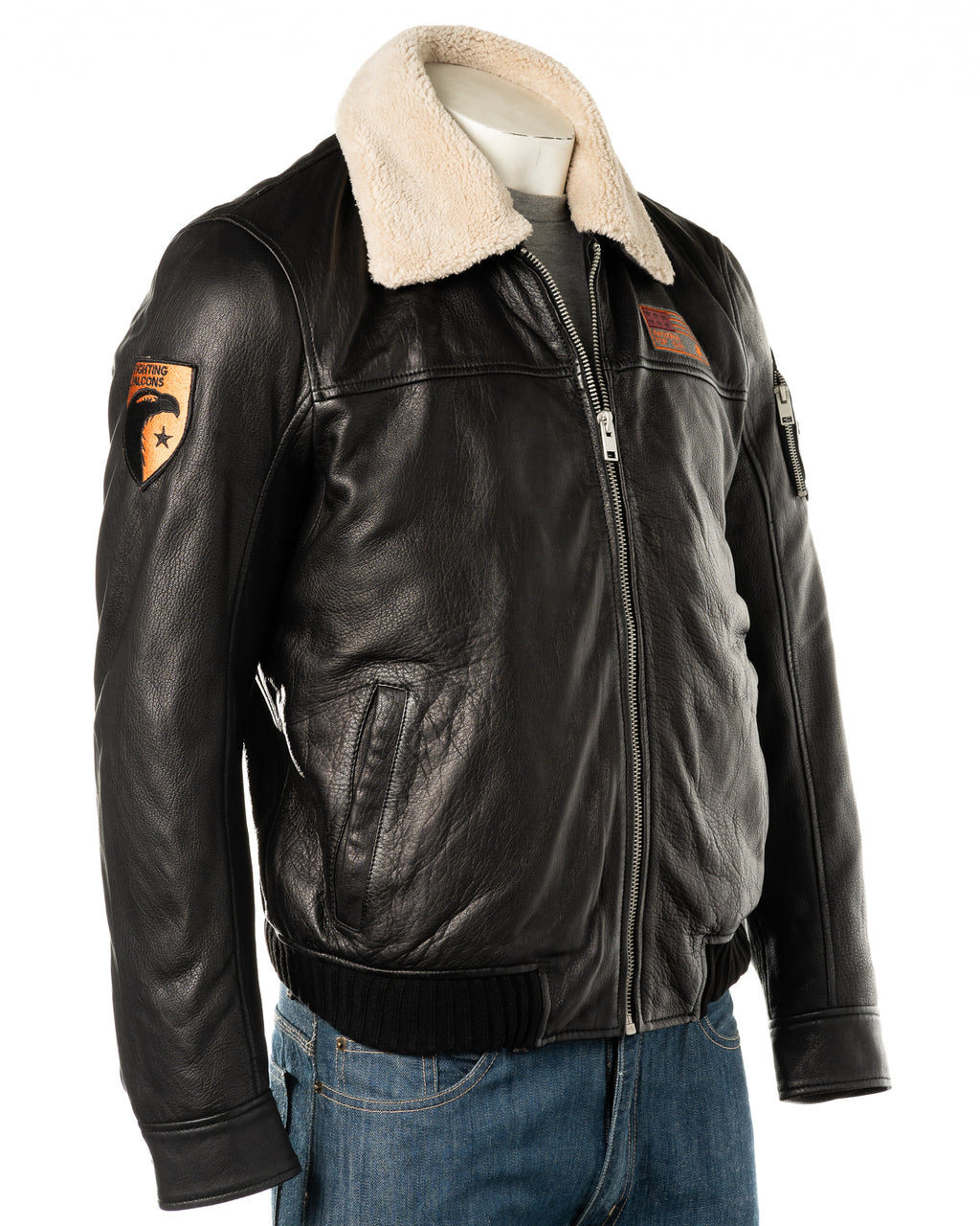 Men's Black Aviator Pilot A2 Style Cow Hide Jacket with Detachable Faux Sheepskin Collar: Giosu