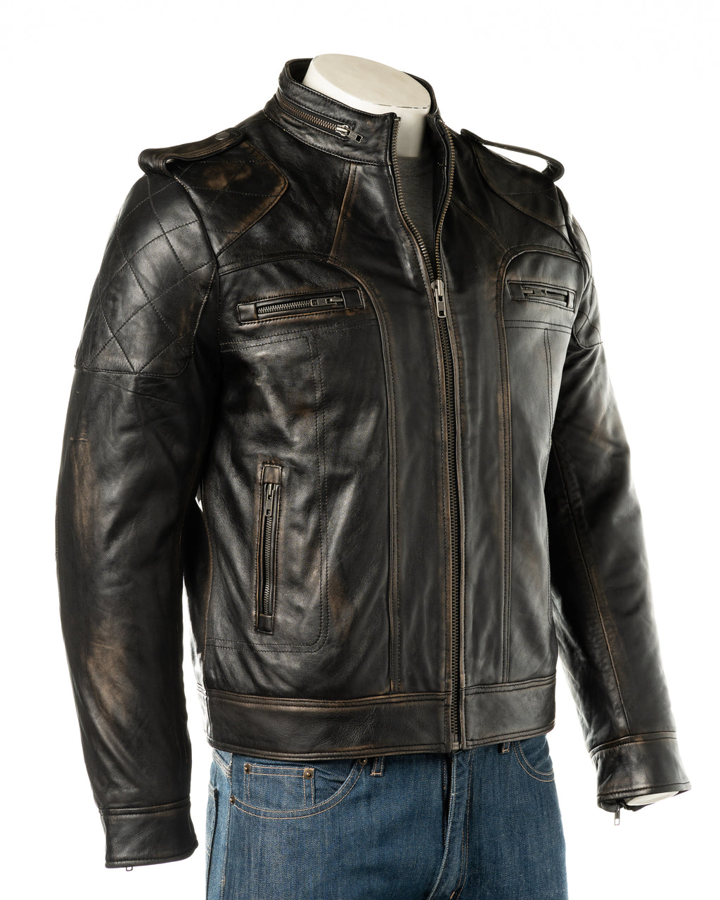 Mens Antique Black Leather Biker Style Jacket: Alvize