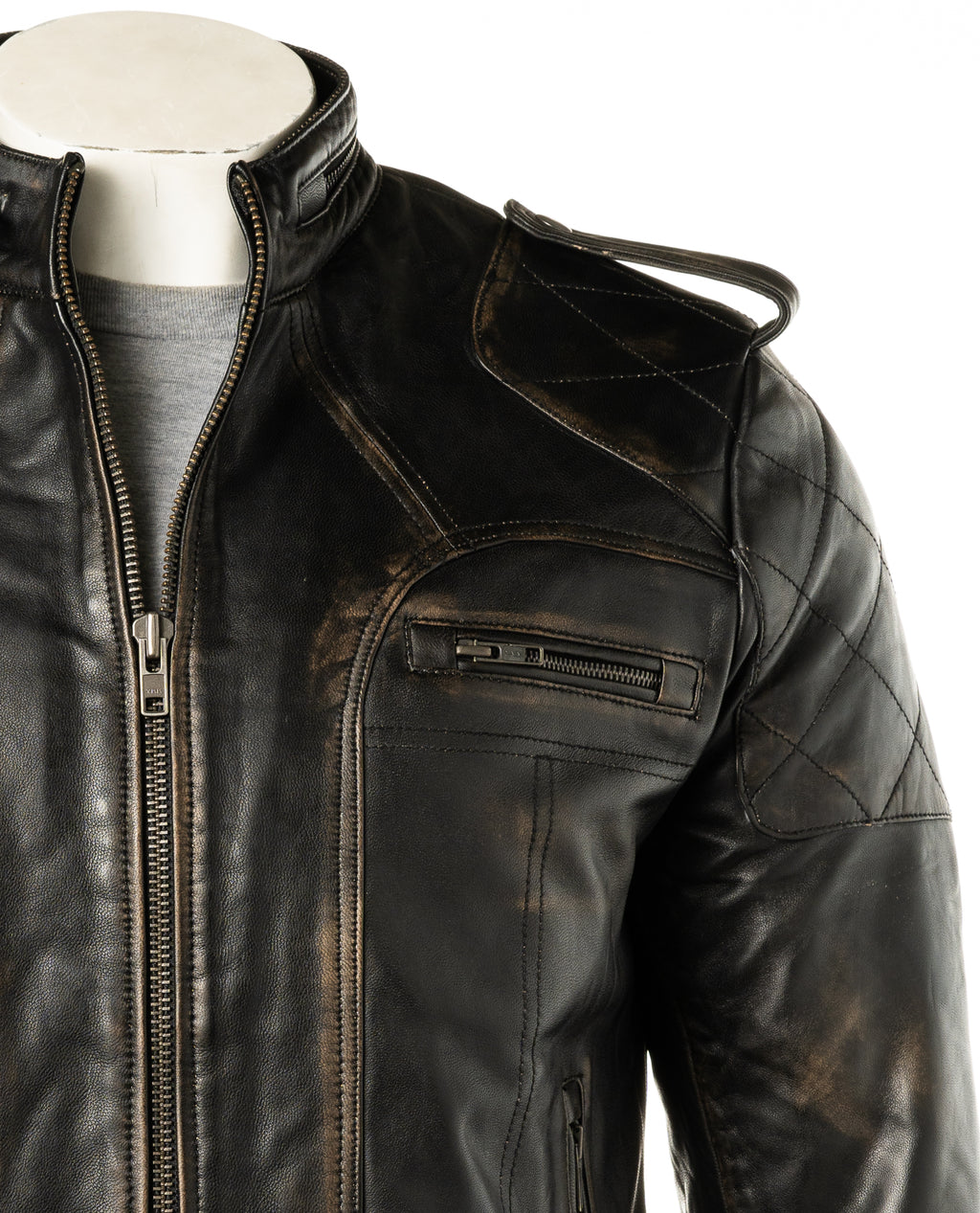 Mens Antique Black Leather Biker Style Jacket: Alvize