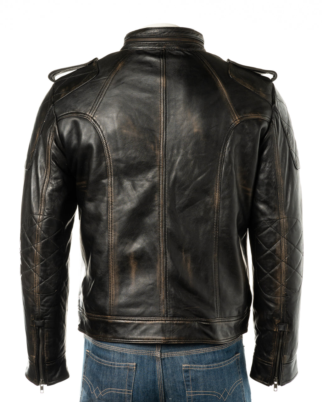 Mens Antique Black Leather Biker Style Jacket: Alvize