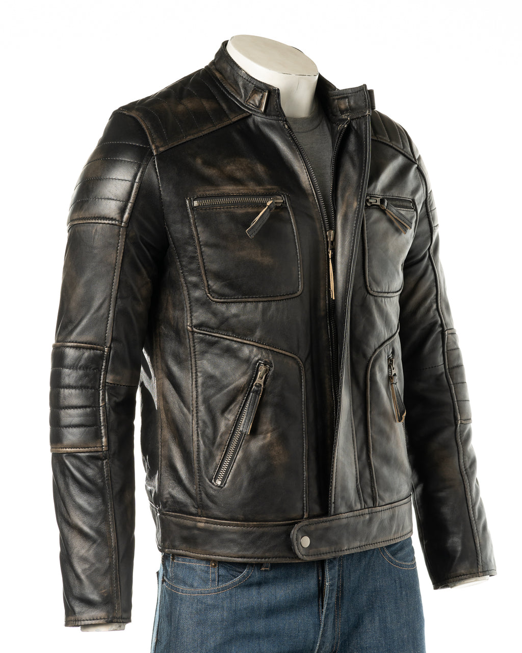 Mens Antique Black Leather Biker Style Jacket: Edoardo