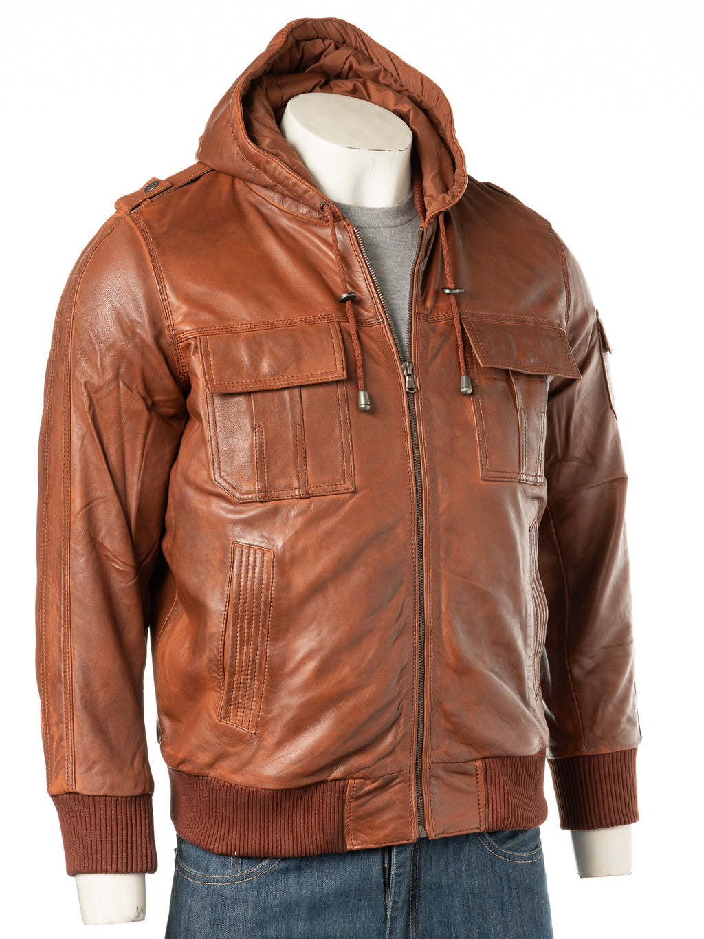 Men's Timber Hooded Bomber Style Leather Jacket: Cesare