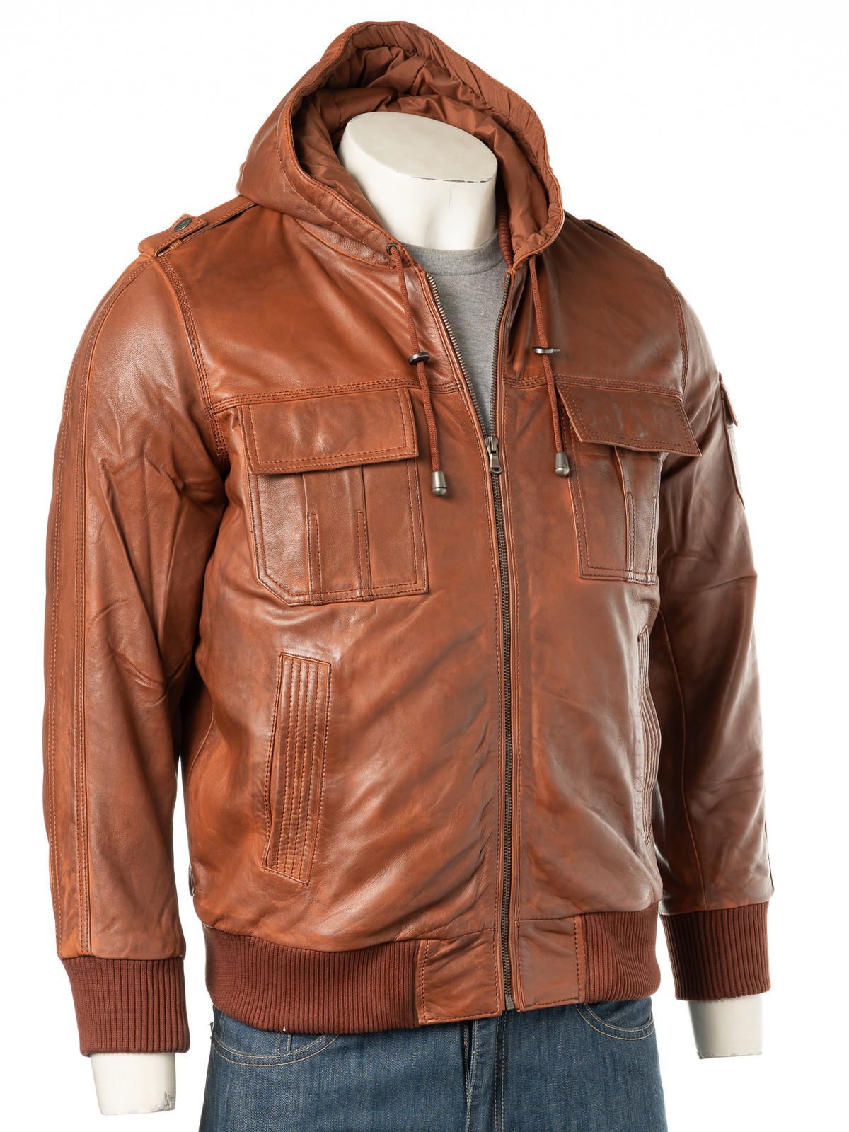 Men's Timber Hooded Bomber Style Leather Jacket: Cesare