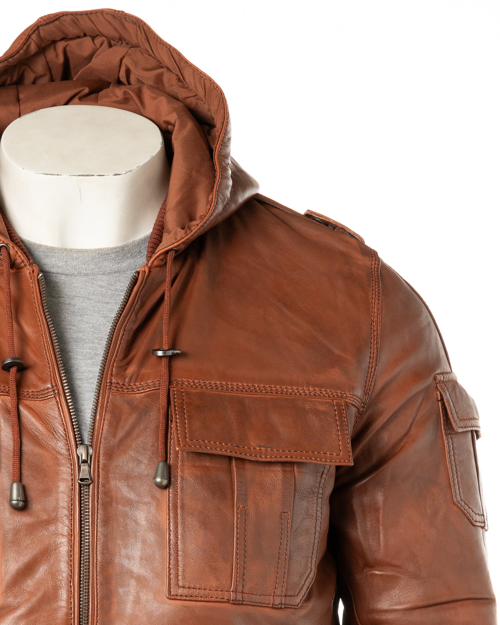 Men's Timber Hooded Bomber Style Leather Jacket: Cesare