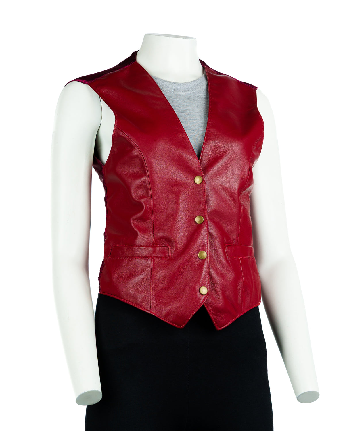 Ladies Cherry Red Half Skin Leather Fitted Waistcoat: Vita