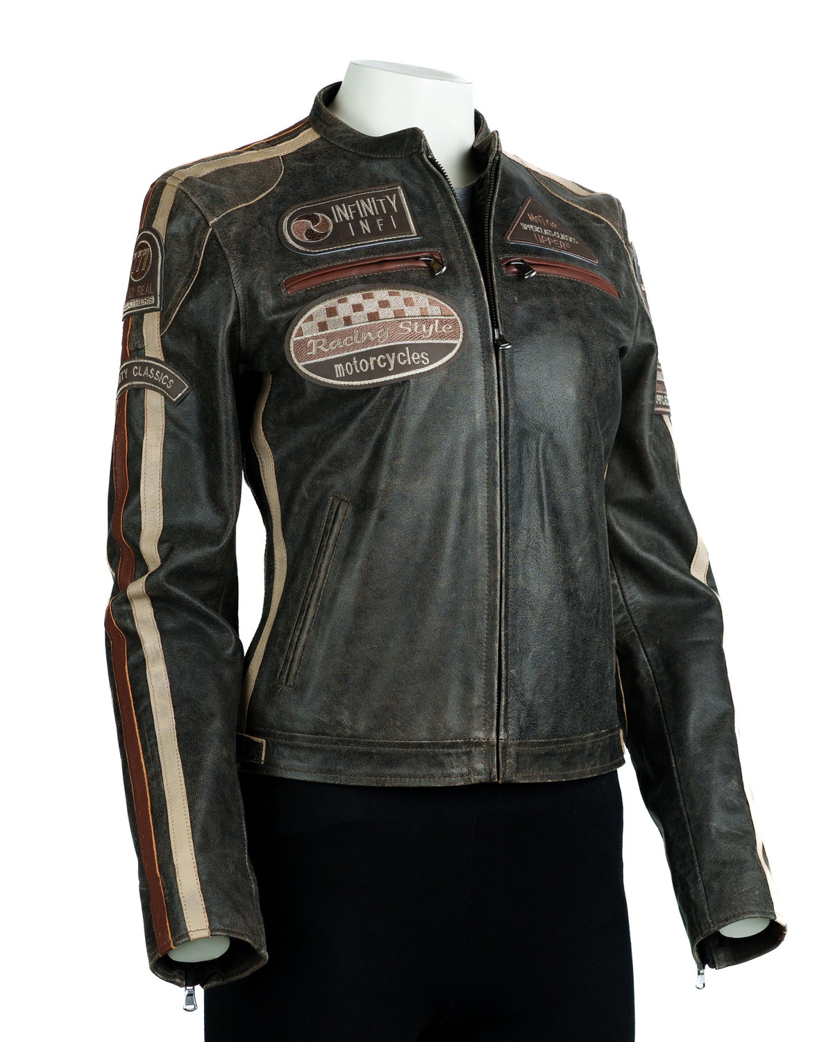 Women's Desert Tan Vintage Style Racing Biker Style Leather Jacket: Paoline