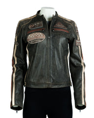 Women's Desert Tan Vintage Style Racing Biker Style Leather Jacket: Paoline
