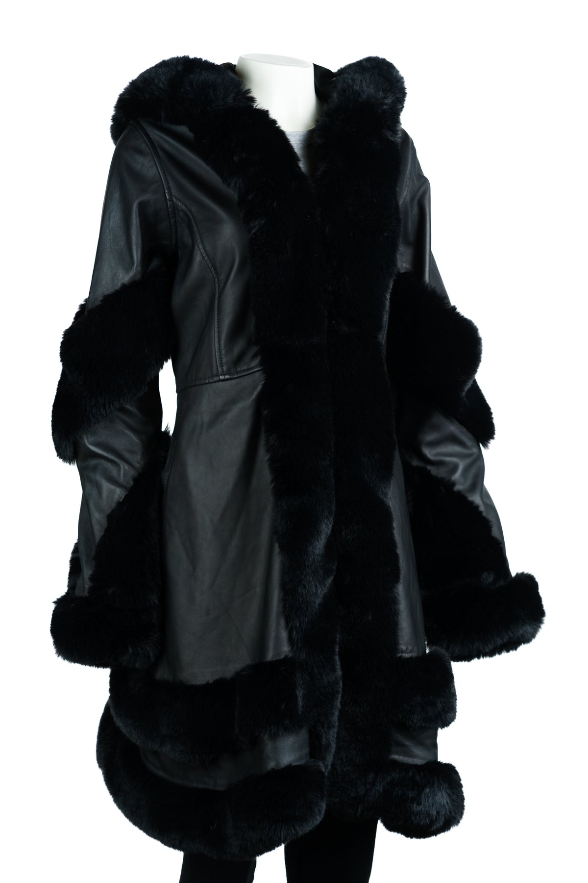 Women's Black Leather Flared Swing 3/4 Length Coat with Hood & Faur Fur Trim: Debz