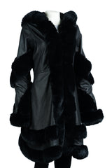 Women's Black Leather Flared Swing 3/4 Length Coat with Hood & Faur Fur Trim: Debz