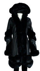 Women's Black Leather Flared Swing 3/4 Length Coat with Hood & Faur Fur Trim: Debz