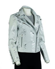 Ladies White and Silver Leather Biker Jacket - Caroline