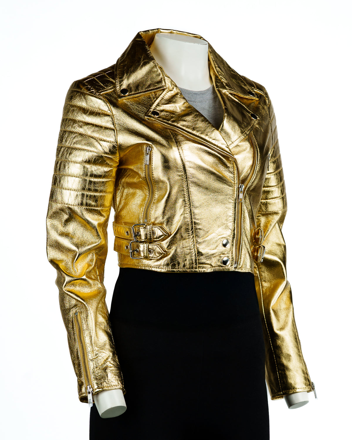 Ladies Gold Cropped Leather Biker Style Jacket: Concetta