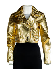 Ladies Gold Cropped Leather Biker Style Jacket: Concetta