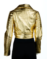 Ladies Gold Cropped Leather Biker Style Jacket: Concetta
