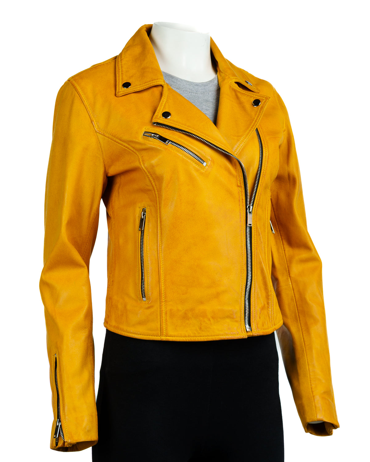 Women's Yellow Simple Asymmetric Leather Biker Jacket: Brigida