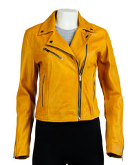 Women's Yellow Simple Asymmetric Leather Biker Jacket: Brigida
