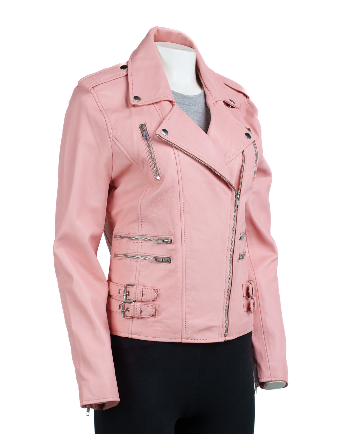 Ladies Rose Pink Buckled Asymmetric Biker Style Leather Jacket: Angelica