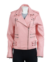 Ladies Rose Pink Buckled Asymmetric Biker Style Leather Jacket: Angelica