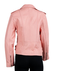 Ladies Rose Pink Buckled Asymmetric Biker Style Leather Jacket: Angelica
