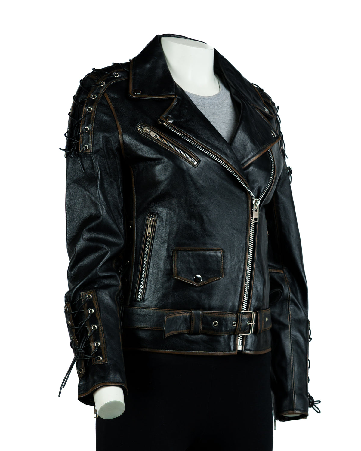 Ladies Antique Black Embossed Brando Style Leather Biker Jacket with Laces - Gabbi