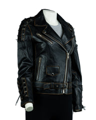 Ladies Antique Black Embossed Brando Style Leather Biker Jacket with Laces - Gabbi